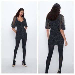 Zara Polka Dot Tulle Draped Mini Dress Black White Puff Sleeves Small